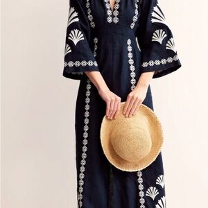 Boden Una Linen Embroidered Dress Navy